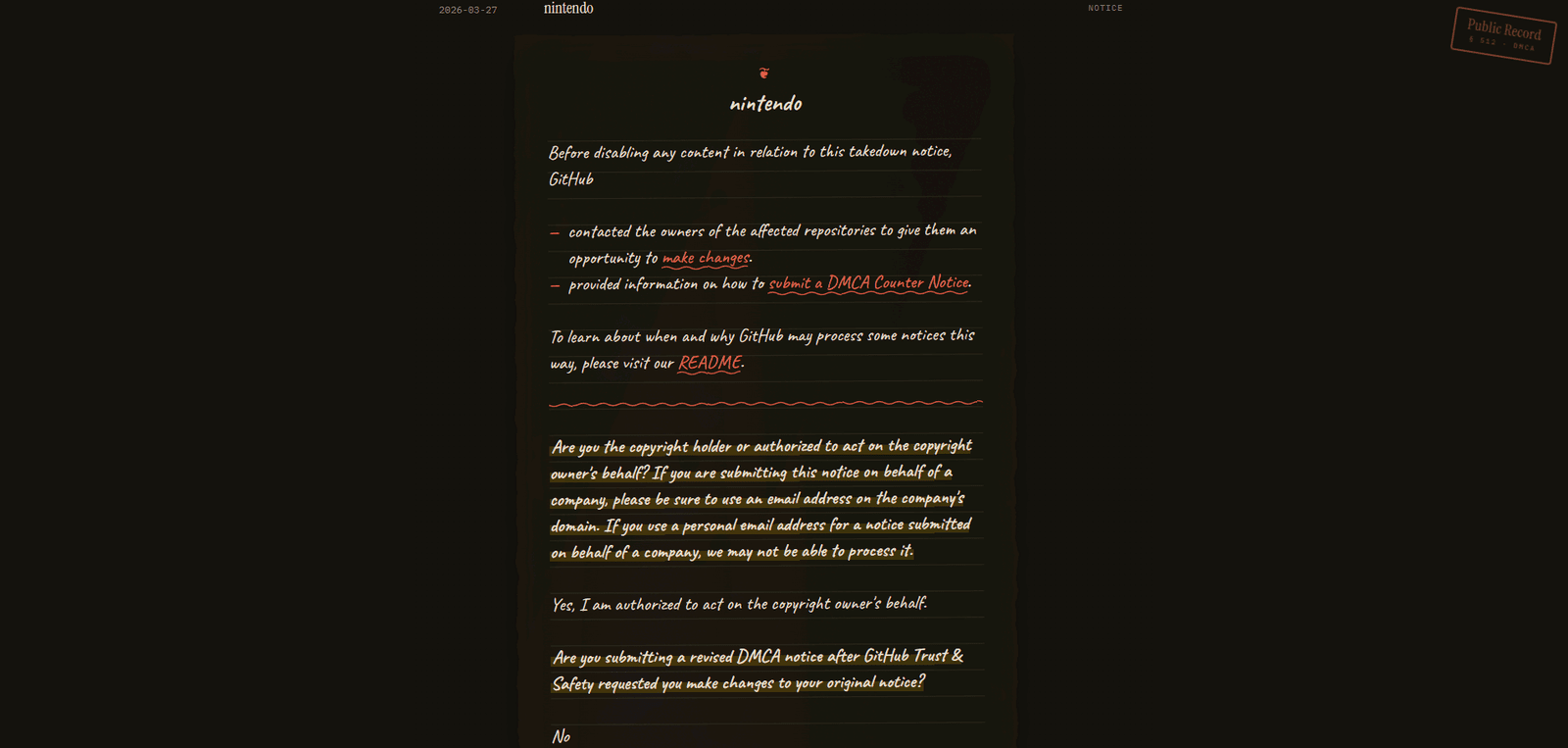 DMCA Takedown Register screenshot